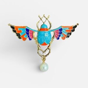 Winged Scarab Beetle Brooch Pin Pearl Colourful Enamel Aqua Blue Gold Tone